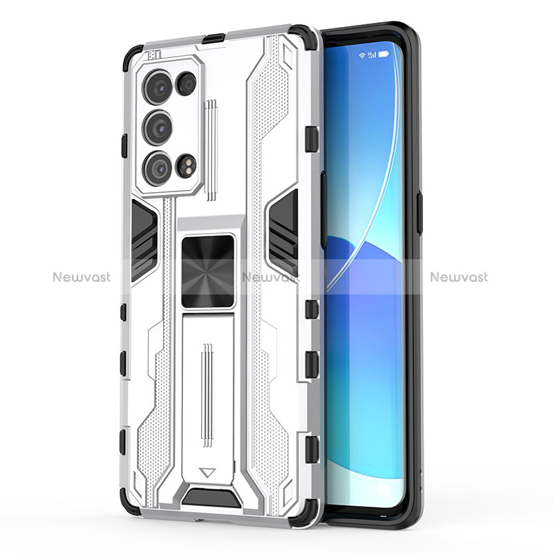 Silicone Matte Finish and Plastic Back Cover Case with Magnetic Stand for Oppo Reno6 Pro+ Plus 5G