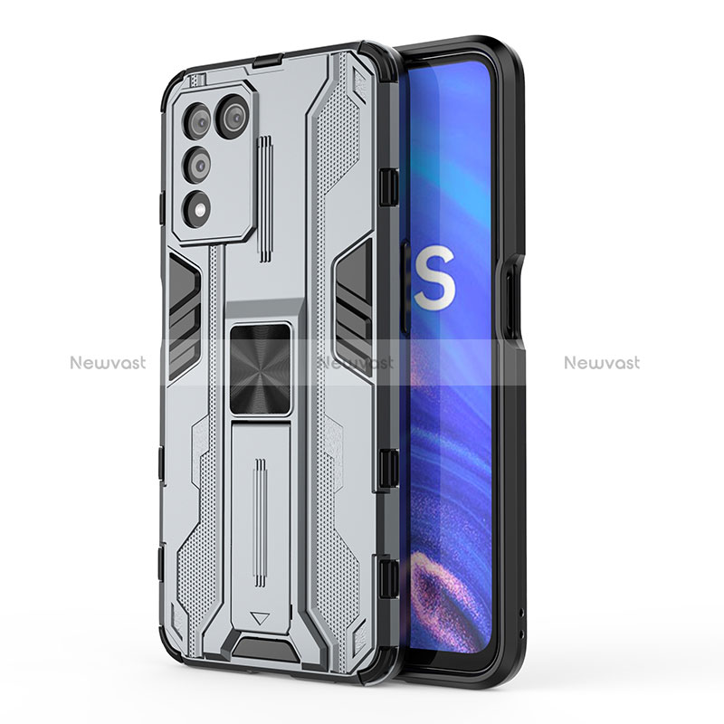 Silicone Matte Finish and Plastic Back Cover Case with Magnetic Stand for Realme 9 SE 5G Gray