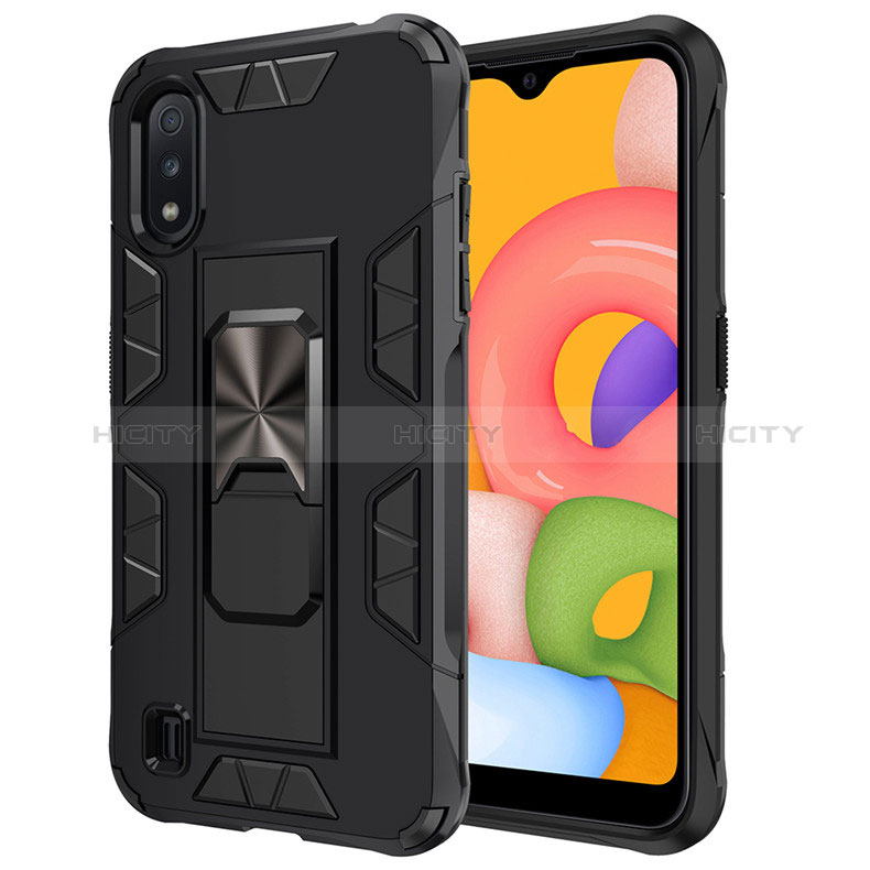 Silicone Matte Finish and Plastic Back Cover Case with Magnetic Stand for Samsung Galaxy A01 SM-A015 Black