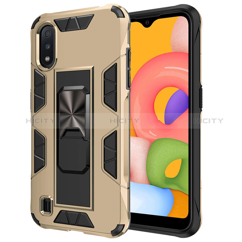 Silicone Matte Finish and Plastic Back Cover Case with Magnetic Stand for Samsung Galaxy A01 SM-A015 Gold