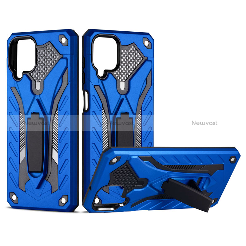 Silicone Matte Finish and Plastic Back Cover Case with Magnetic Stand for Samsung Galaxy A12 Nacho Blue