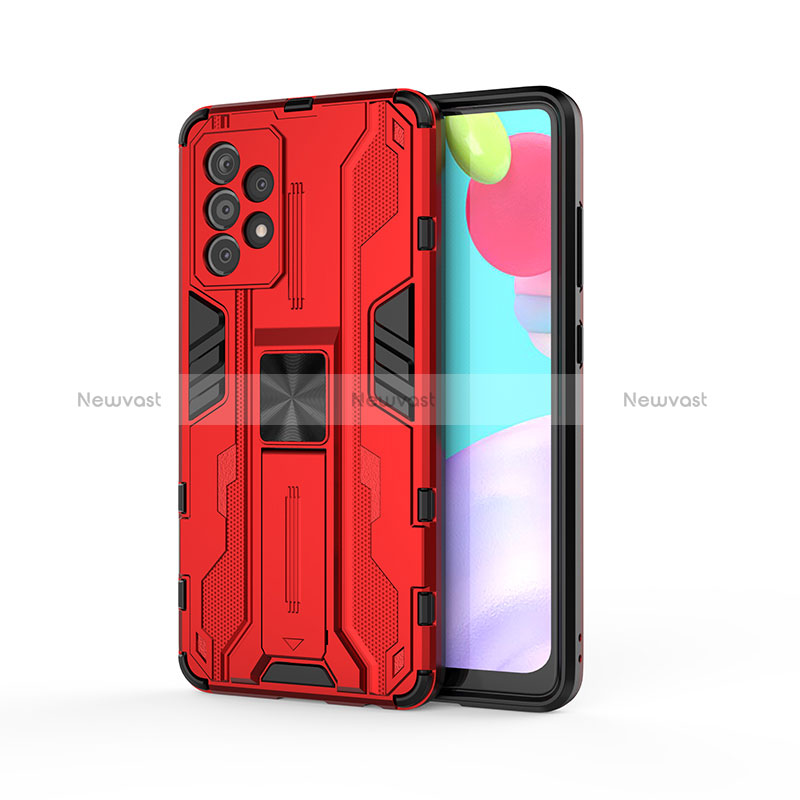 Silicone Matte Finish and Plastic Back Cover Case with Magnetic Stand for Samsung Galaxy A52 4G Red