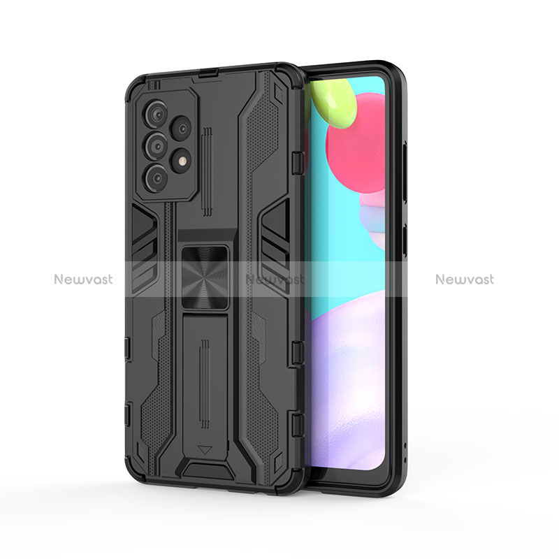 Silicone Matte Finish and Plastic Back Cover Case with Magnetic Stand for Samsung Galaxy A52 5G Black