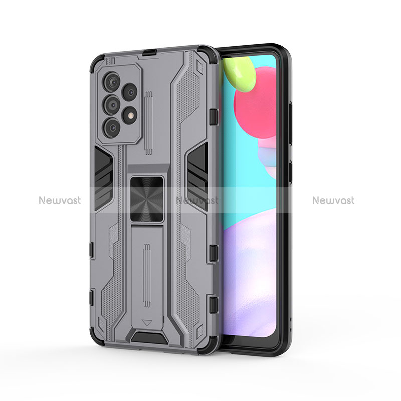 Silicone Matte Finish and Plastic Back Cover Case with Magnetic Stand for Samsung Galaxy A52 5G Gray