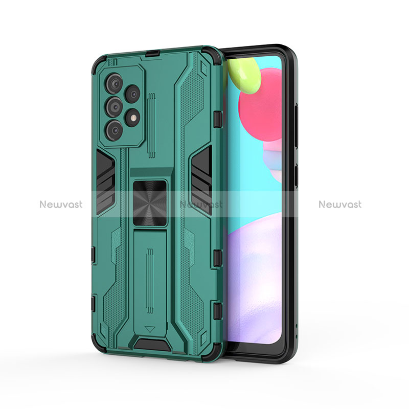 Silicone Matte Finish and Plastic Back Cover Case with Magnetic Stand for Samsung Galaxy A52 5G Green