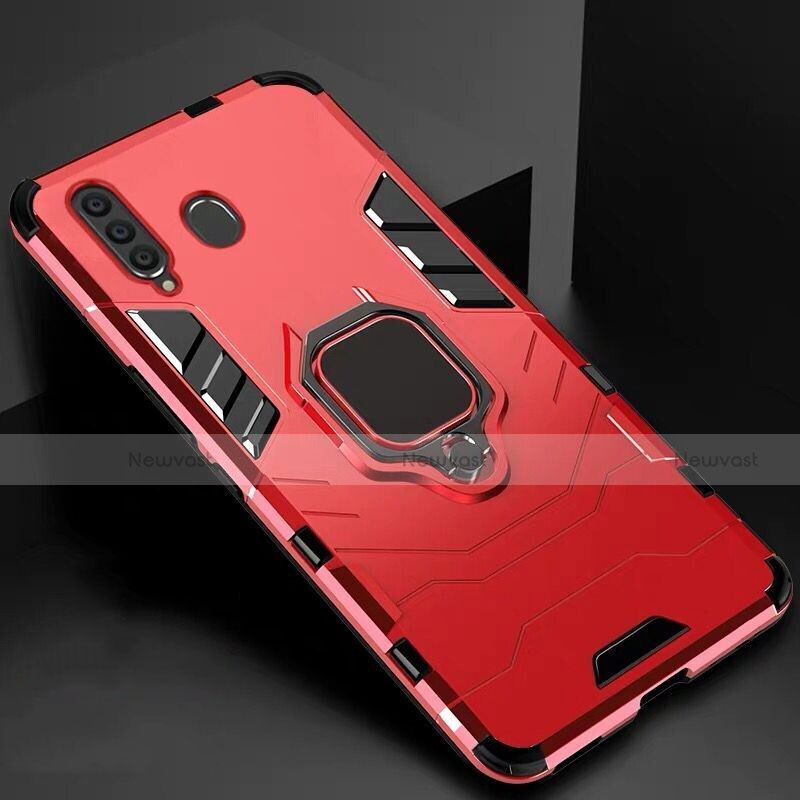 Silicone Matte Finish and Plastic Back Cover Case with Magnetic Stand for Samsung Galaxy A60 Red