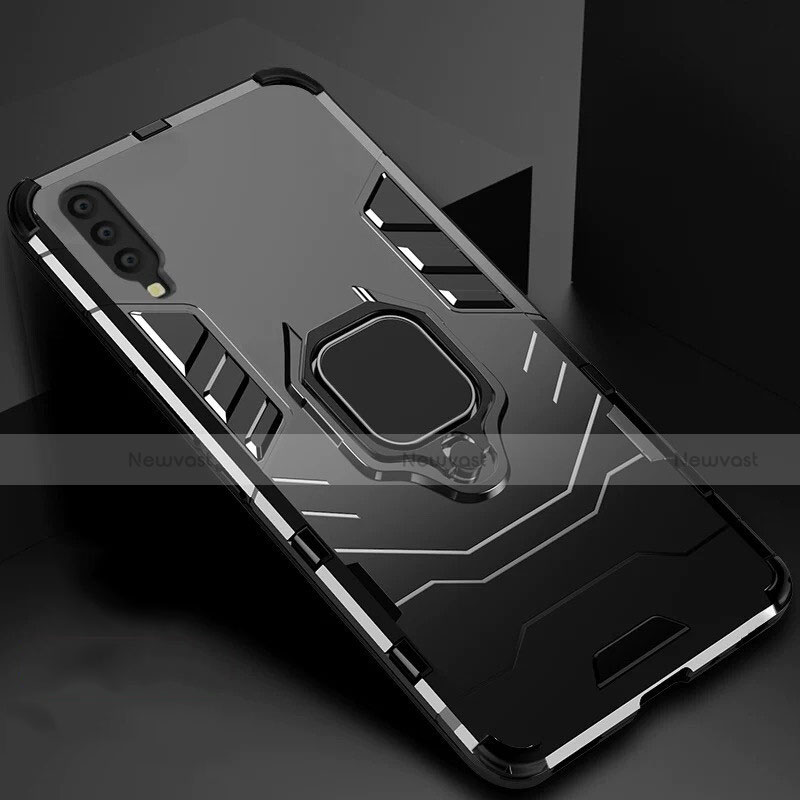 Silicone Matte Finish and Plastic Back Cover Case with Magnetic Stand for Samsung Galaxy A70 Black