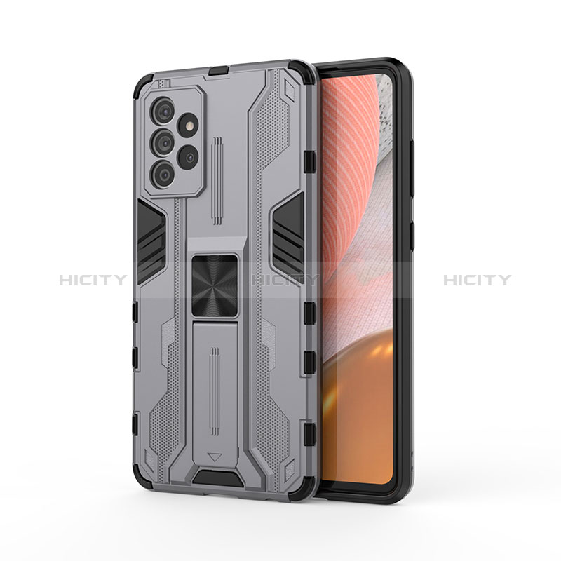 Silicone Matte Finish and Plastic Back Cover Case with Magnetic Stand for Samsung Galaxy A72 5G Gray