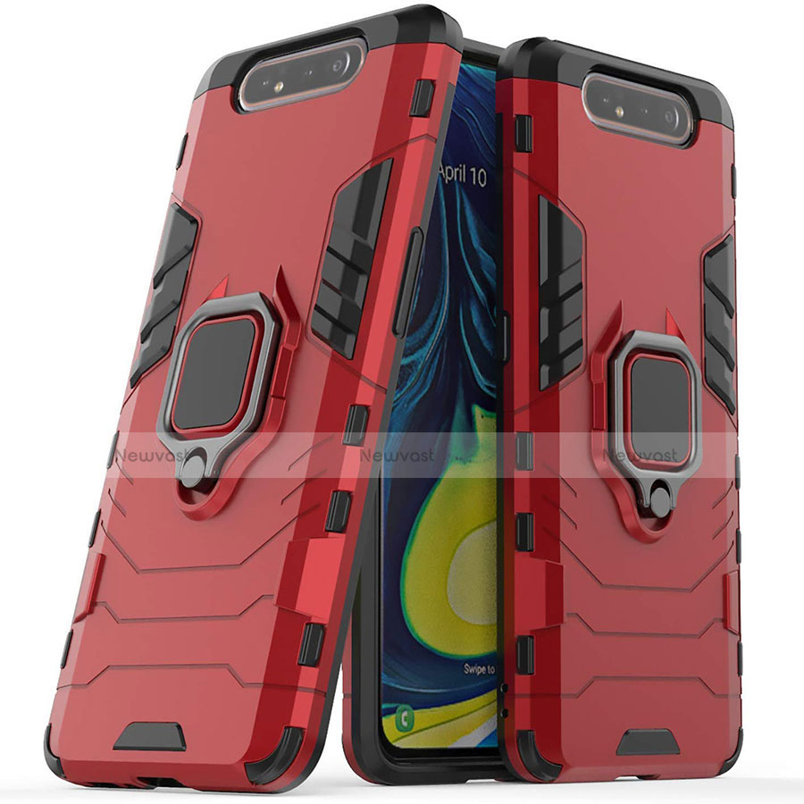 Silicone Matte Finish and Plastic Back Cover Case with Magnetic Stand for Samsung Galaxy A80 Red