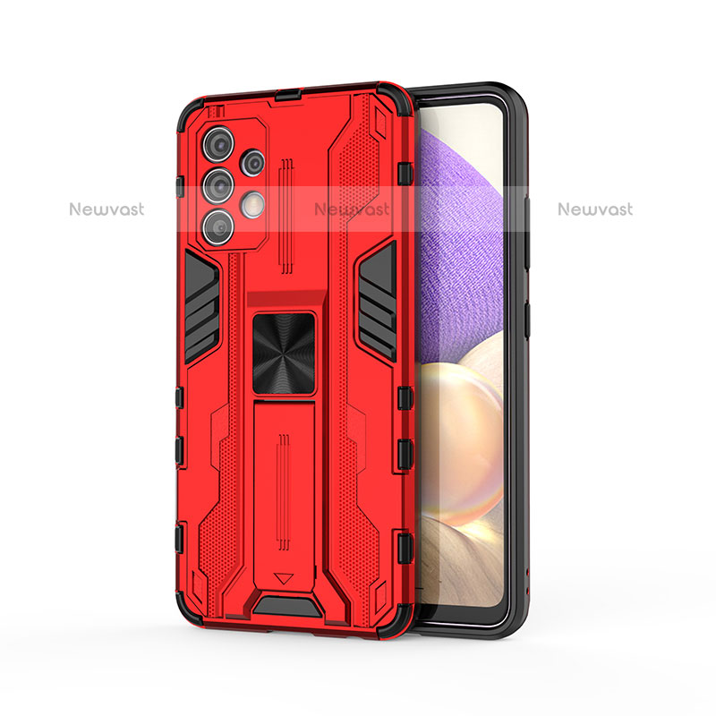 Silicone Matte Finish and Plastic Back Cover Case with Magnetic Stand for Samsung Galaxy M32 5G Red