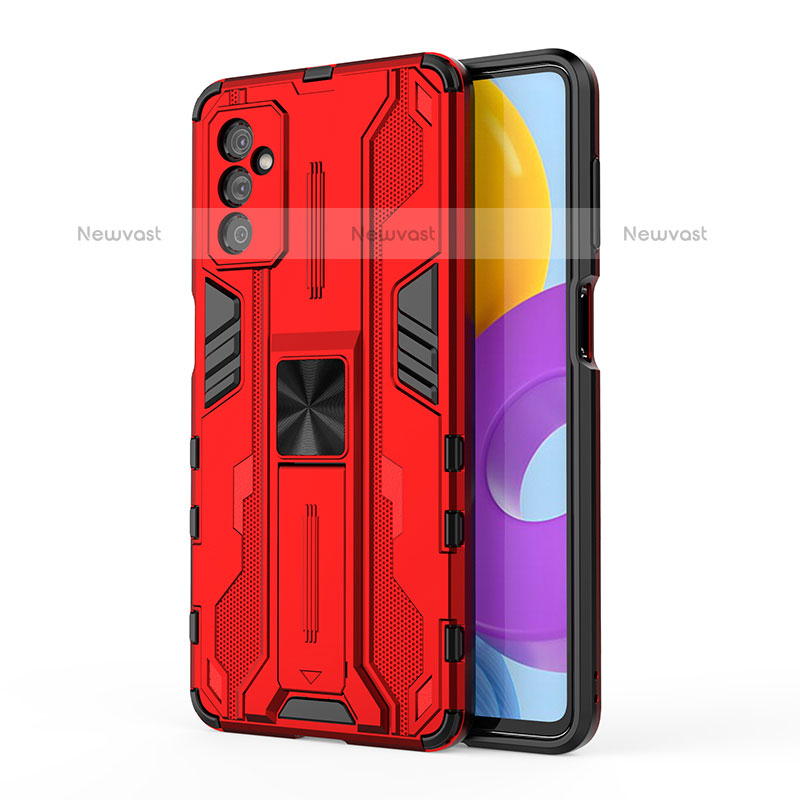 Silicone Matte Finish and Plastic Back Cover Case with Magnetic Stand for Samsung Galaxy M52 5G Red