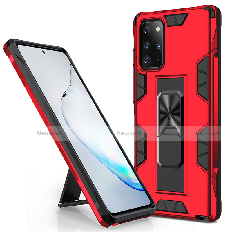 Silicone Matte Finish and Plastic Back Cover Case with Magnetic Stand for Samsung Galaxy Note 20 Plus 5G Red