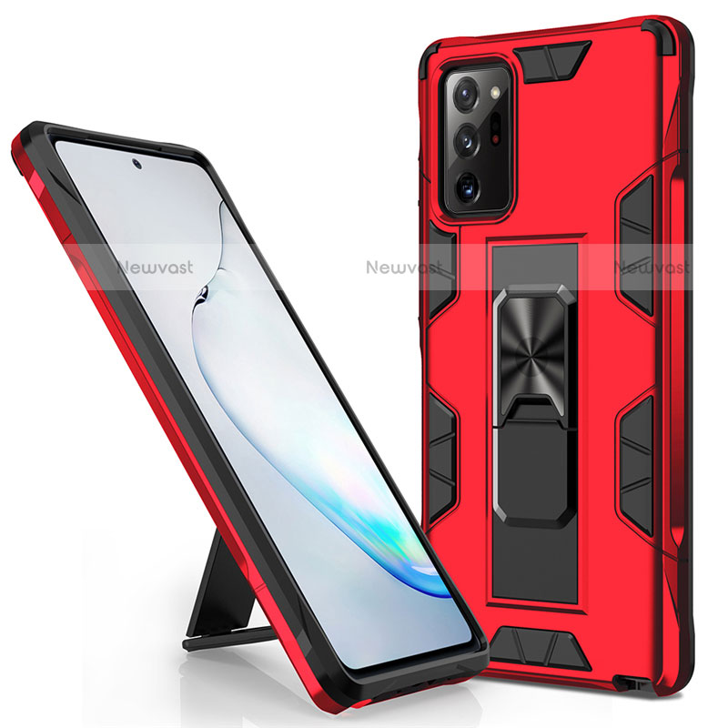 Silicone Matte Finish and Plastic Back Cover Case with Magnetic Stand for Samsung Galaxy Note 20 Ultra 5G Red