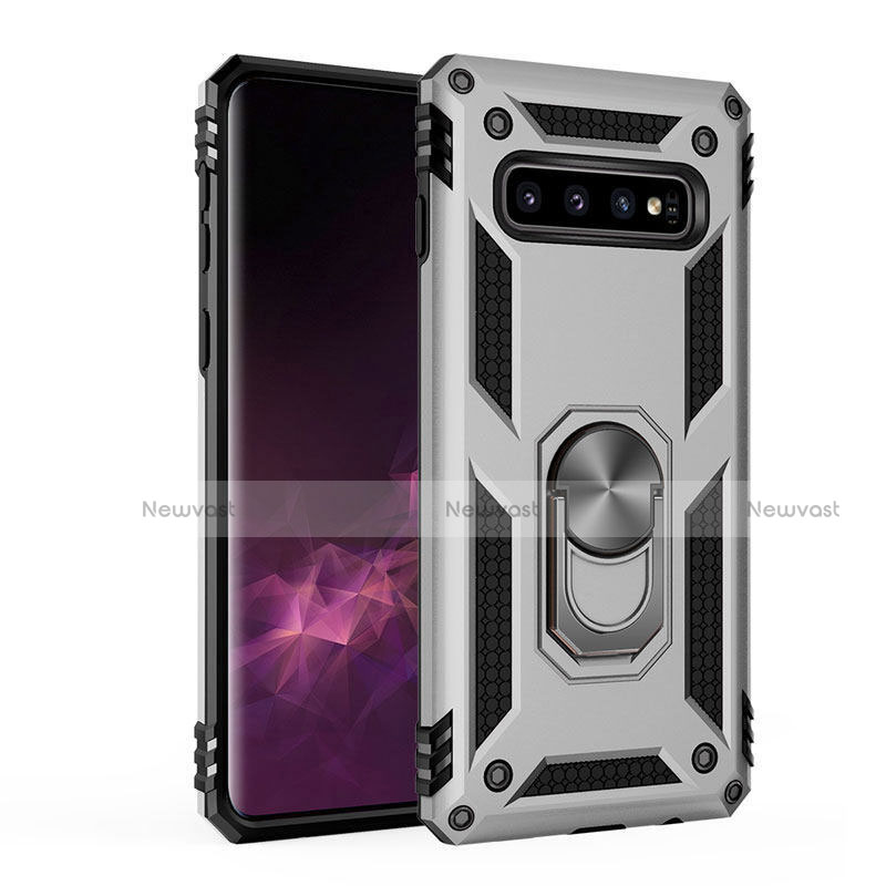 Silicone Matte Finish and Plastic Back Cover Case with Magnetic Stand for Samsung Galaxy S10 5G Silver