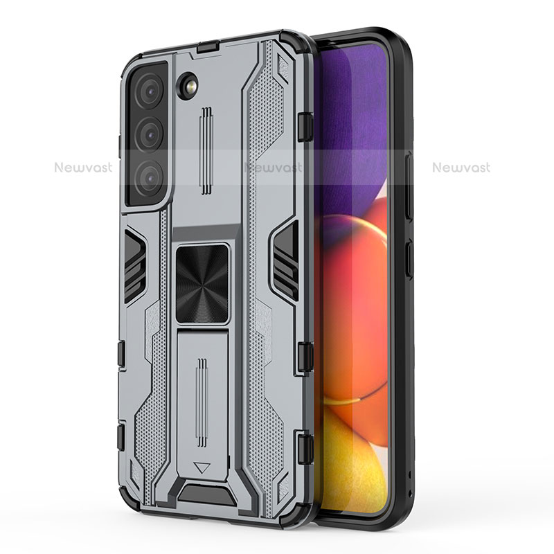 Silicone Matte Finish and Plastic Back Cover Case with Magnetic Stand for Samsung Galaxy S21 Plus 5G Gray