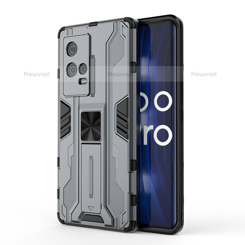 Silicone Matte Finish and Plastic Back Cover Case with Magnetic Stand for Vivo iQOO 8 Pro 5G Gray