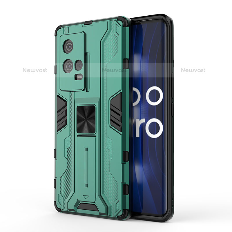 Silicone Matte Finish and Plastic Back Cover Case with Magnetic Stand for Vivo iQOO 8 Pro 5G Green