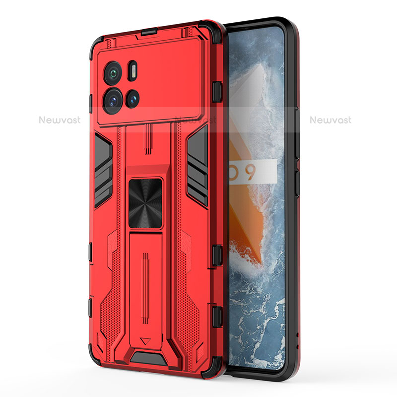 Silicone Matte Finish and Plastic Back Cover Case with Magnetic Stand for Vivo iQOO 9 Pro 5G Red