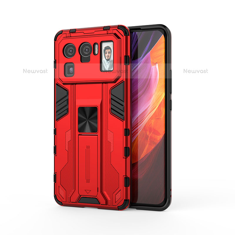 Silicone Matte Finish and Plastic Back Cover Case with Magnetic Stand for Xiaomi Mi 11 Ultra 5G Red