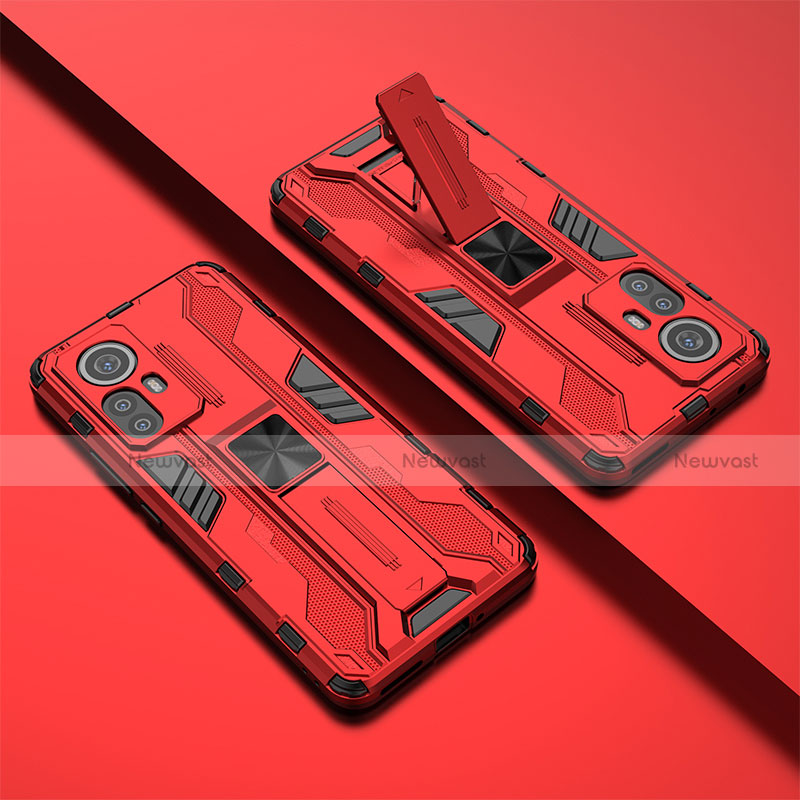 Silicone Matte Finish and Plastic Back Cover Case with Magnetic Stand for Xiaomi Mi 12 5G Red