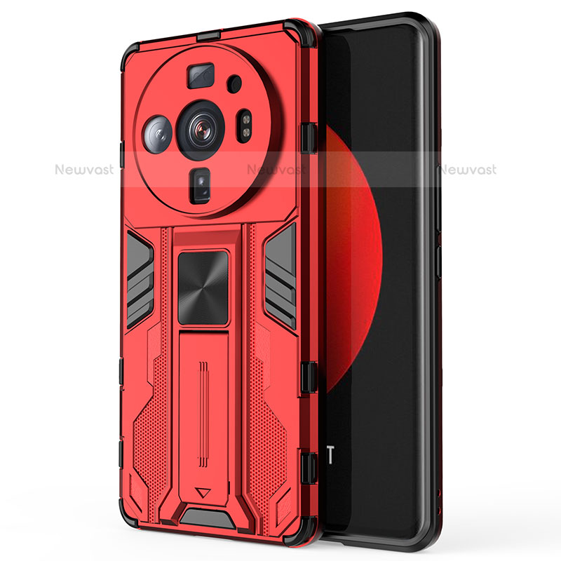 Silicone Matte Finish and Plastic Back Cover Case with Magnetic Stand for Xiaomi Mi 12 Ultra 5G Red