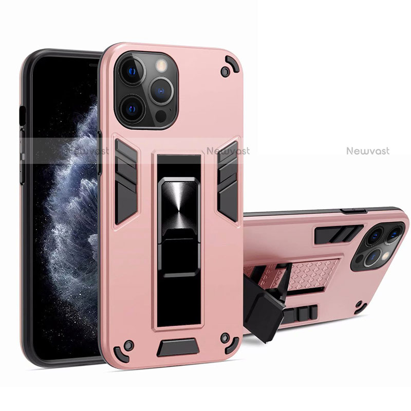 Silicone Matte Finish and Plastic Back Cover Case with Magnetic Stand H01 for Apple iPhone 12 Pro Pink