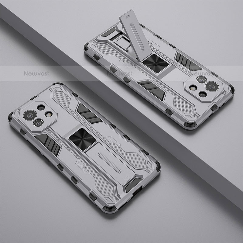 Silicone Matte Finish and Plastic Back Cover Case with Magnetic Stand H01 for Xiaomi Mi 11 5G Gray