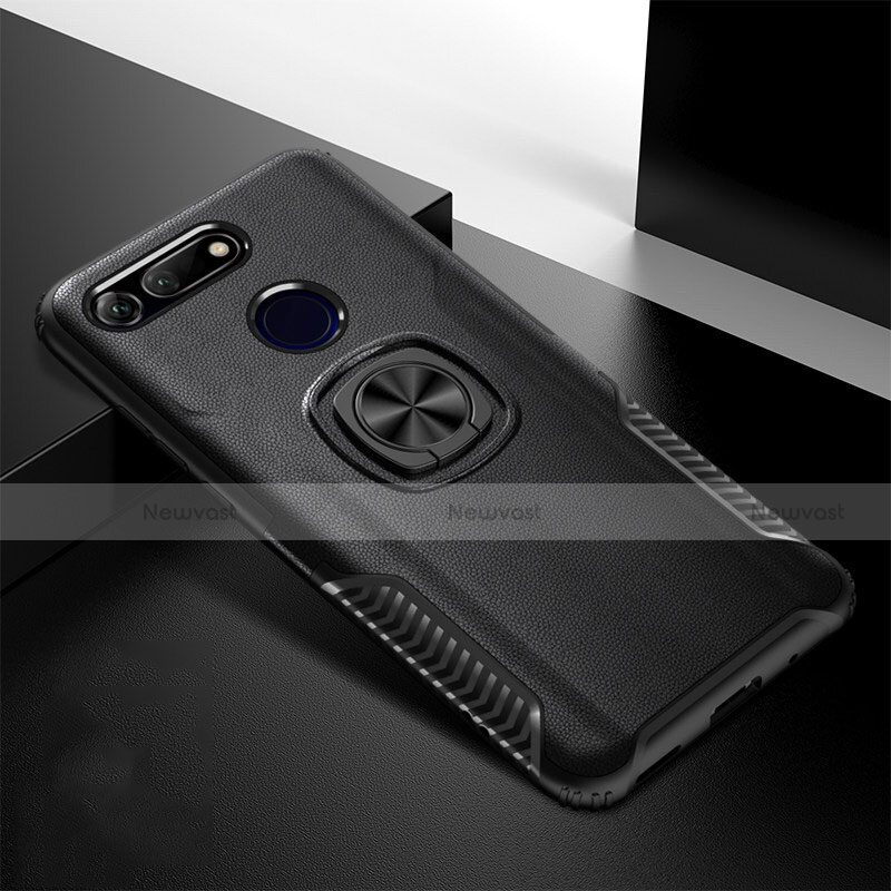 Silicone Matte Finish and Plastic Back Cover Case with Magnetic Stand H02 for Huawei Honor V20 Black