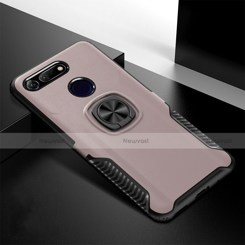 Silicone Matte Finish and Plastic Back Cover Case with Magnetic Stand H02 for Huawei Honor View 20 Rose Gold