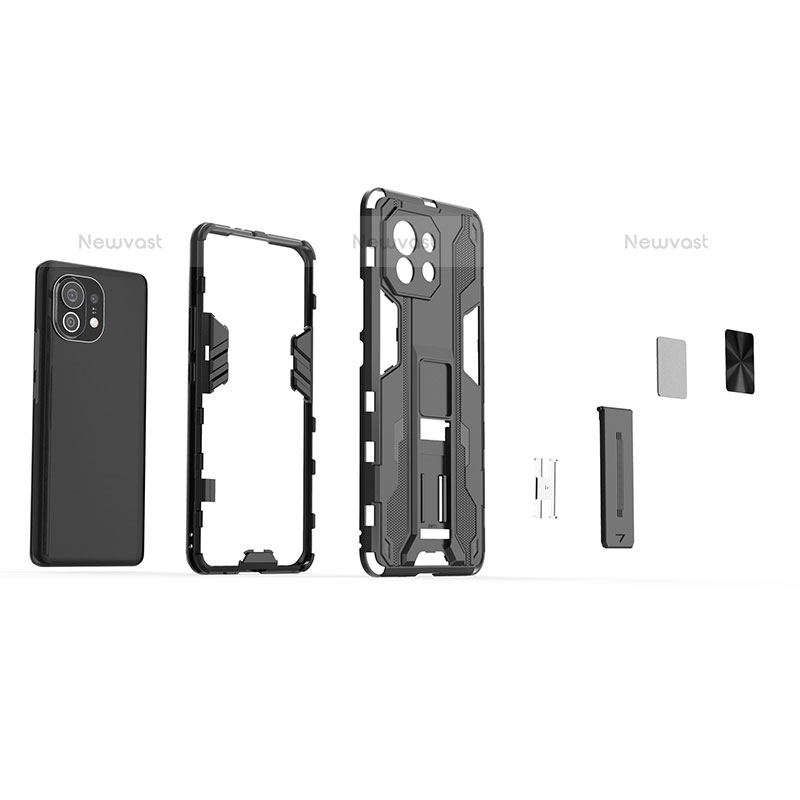 Silicone Matte Finish and Plastic Back Cover Case with Magnetic Stand H02 for Xiaomi Mi 11 Lite 5G NE