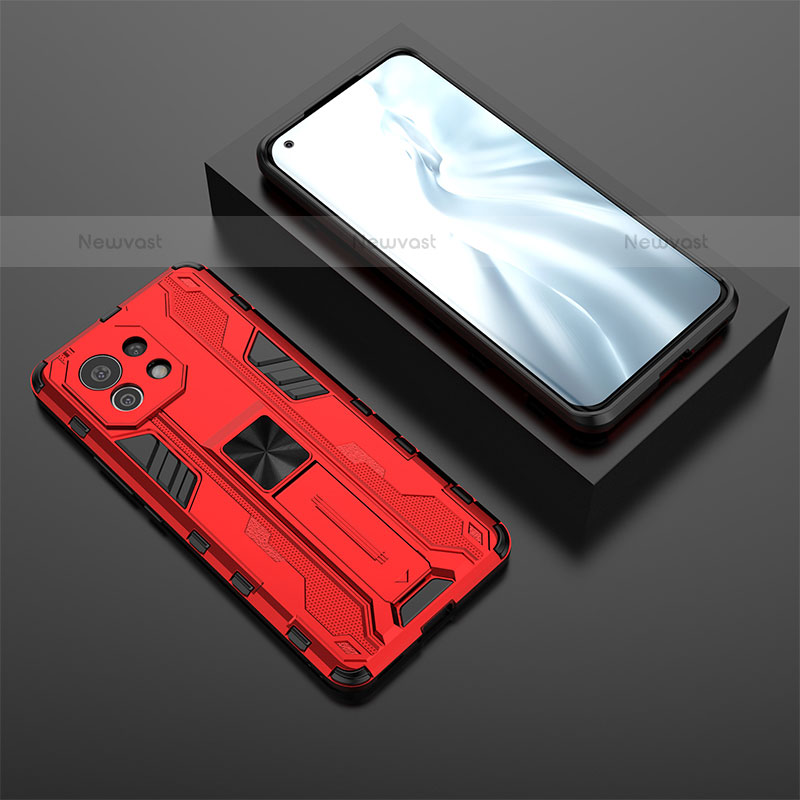 Silicone Matte Finish and Plastic Back Cover Case with Magnetic Stand H03 for Xiaomi Mi 11 Lite 4G Red