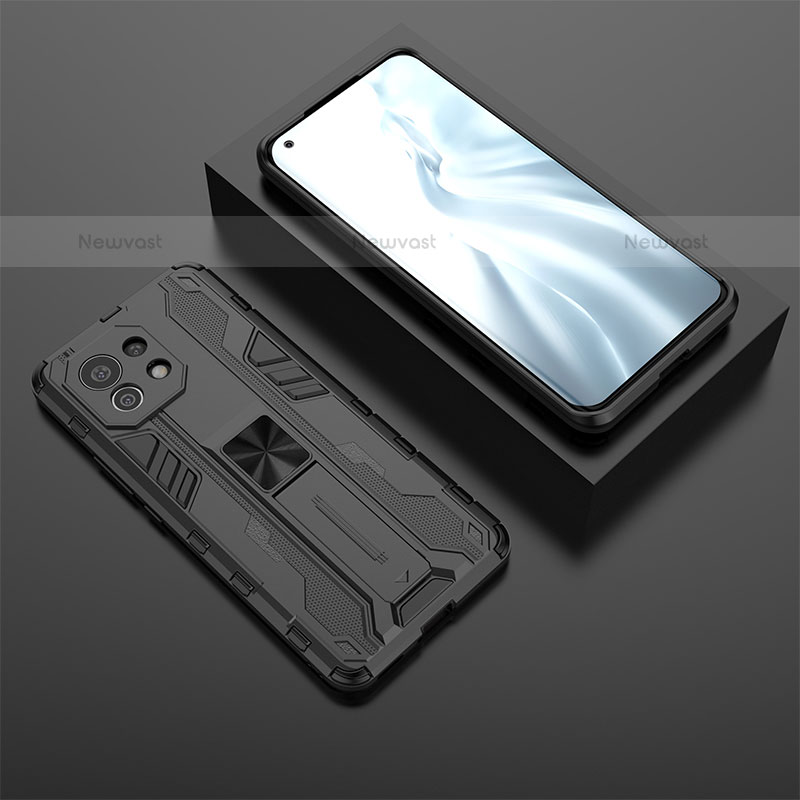 Silicone Matte Finish and Plastic Back Cover Case with Magnetic Stand H03 for Xiaomi Mi 11 Lite 5G NE Black