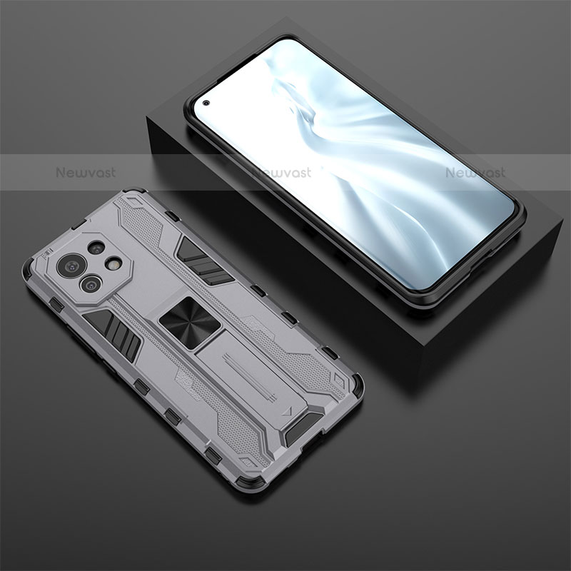 Silicone Matte Finish and Plastic Back Cover Case with Magnetic Stand H03 for Xiaomi Mi 11 Lite 5G NE Gray