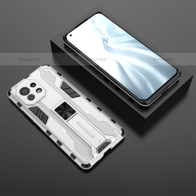 Silicone Matte Finish and Plastic Back Cover Case with Magnetic Stand H03 for Xiaomi Mi 11 Lite 5G White