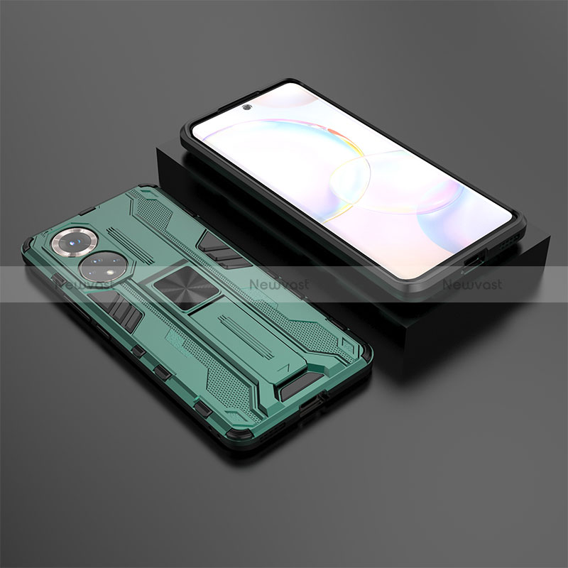 Silicone Matte Finish and Plastic Back Cover Case with Magnetic Stand KC1 for Huawei Honor 50 5G Green