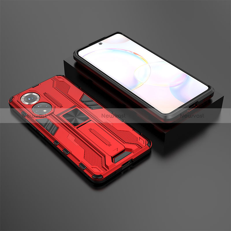 Silicone Matte Finish and Plastic Back Cover Case with Magnetic Stand KC1 for Huawei Honor 50 5G Red