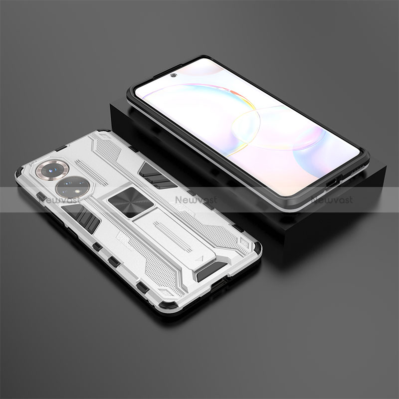 Silicone Matte Finish and Plastic Back Cover Case with Magnetic Stand KC1 for Huawei Honor 50 5G Silver