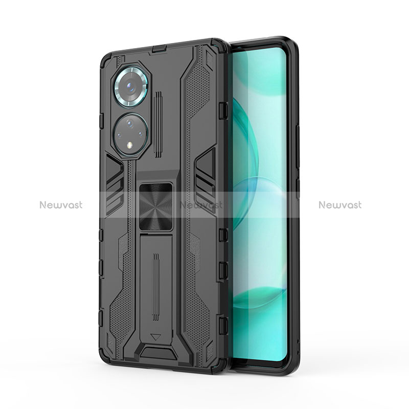 Silicone Matte Finish and Plastic Back Cover Case with Magnetic Stand KC1 for Huawei Honor 50 Pro 5G Black