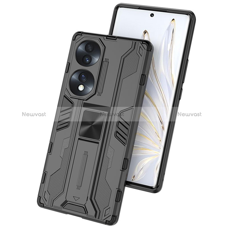 Silicone Matte Finish and Plastic Back Cover Case with Magnetic Stand KC1 for Huawei Honor 70 5G