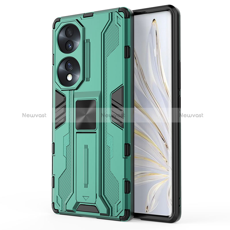 Silicone Matte Finish and Plastic Back Cover Case with Magnetic Stand KC1 for Huawei Honor 70 5G Green