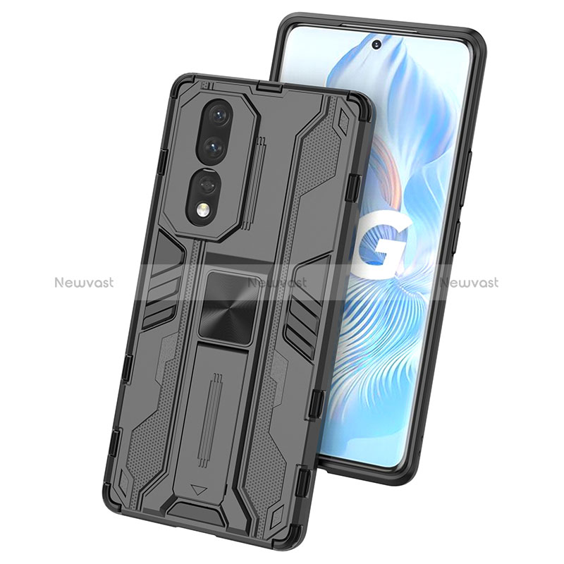 Silicone Matte Finish and Plastic Back Cover Case with Magnetic Stand KC1 for Huawei Honor 80 5G