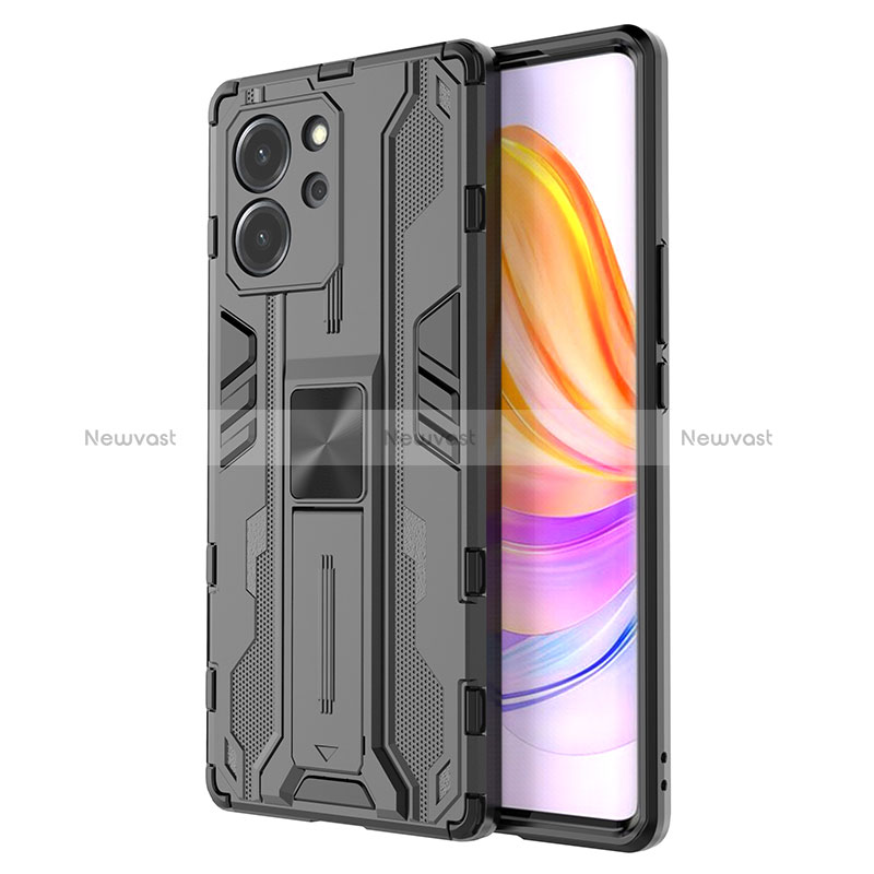 Silicone Matte Finish and Plastic Back Cover Case with Magnetic Stand KC1 for Huawei Honor 80 SE 5G Black