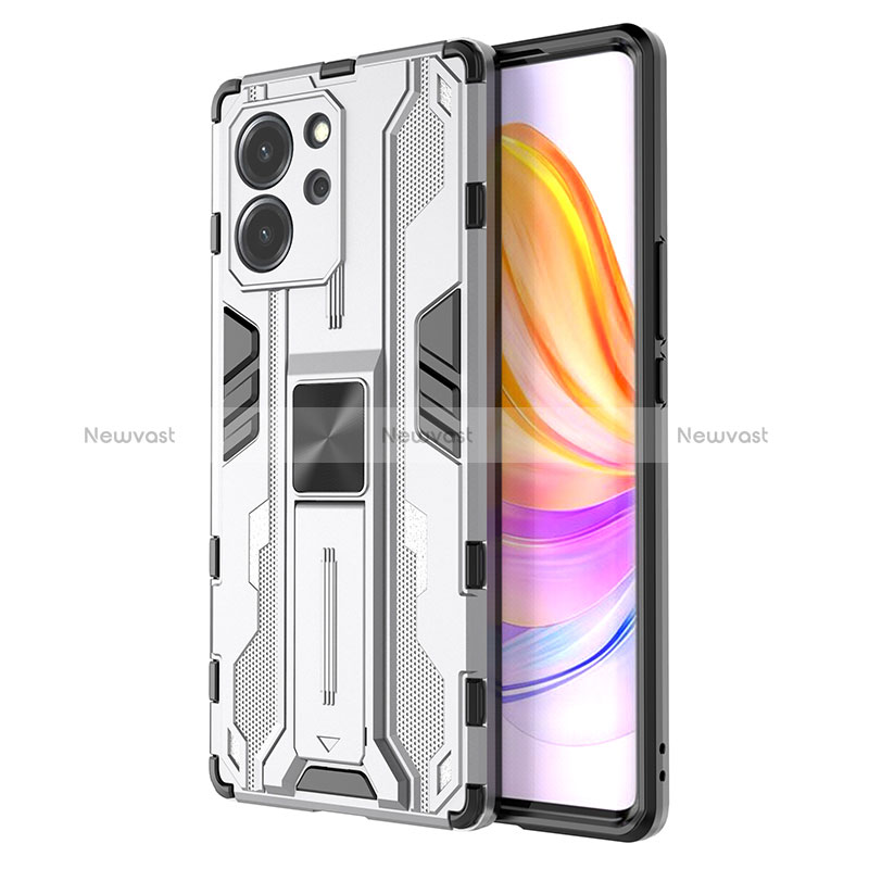 Silicone Matte Finish and Plastic Back Cover Case with Magnetic Stand KC1 for Huawei Honor 80 SE 5G Silver