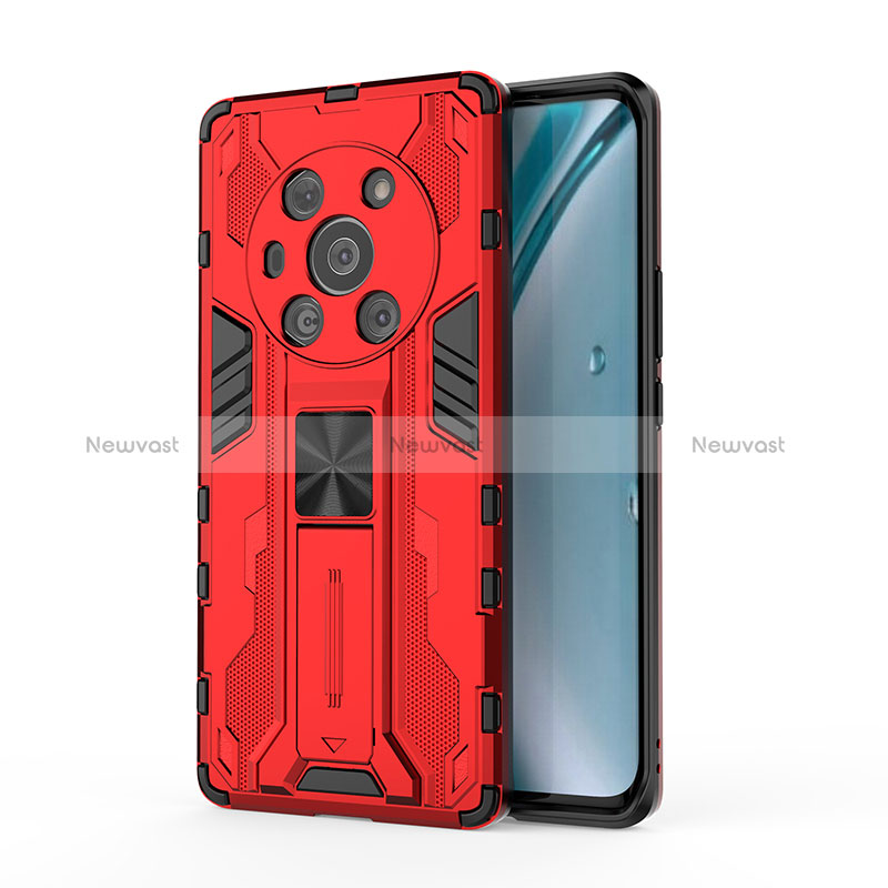 Silicone Matte Finish and Plastic Back Cover Case with Magnetic Stand KC1 for Huawei Honor Magic3 5G Red