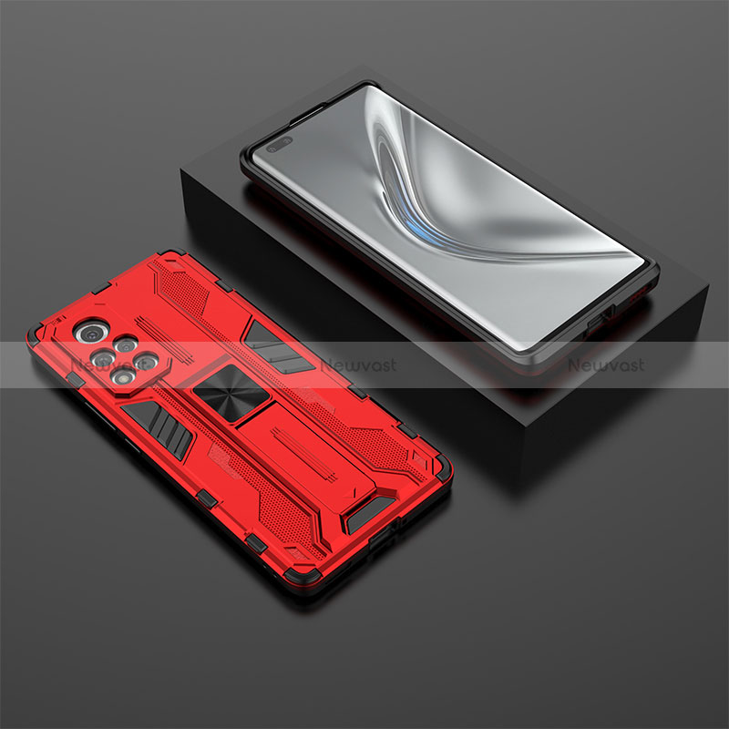 Silicone Matte Finish and Plastic Back Cover Case with Magnetic Stand KC1 for Huawei Honor V40 5G Red