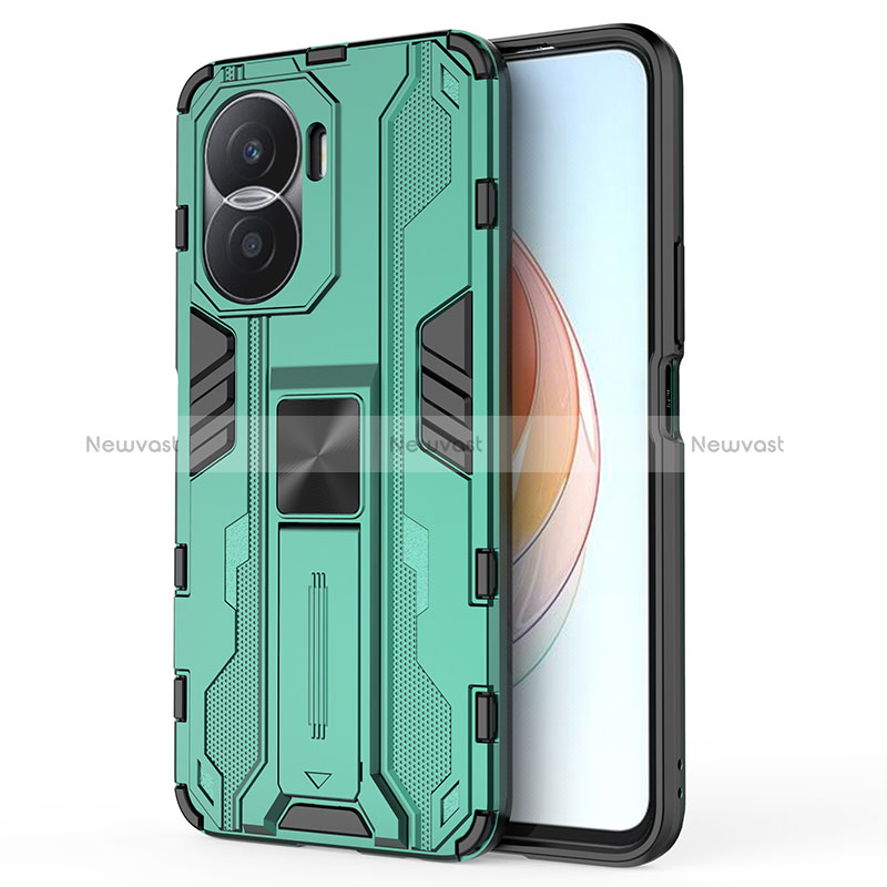 Silicone Matte Finish and Plastic Back Cover Case with Magnetic Stand KC1 for Huawei Honor X40i 5G Green