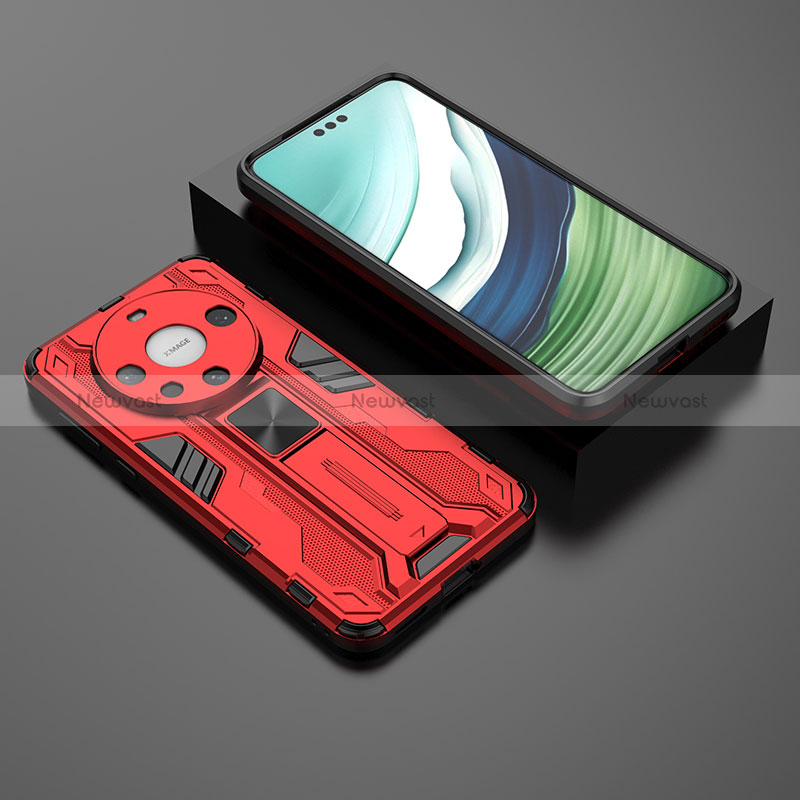 Silicone Matte Finish and Plastic Back Cover Case with Magnetic Stand KC1 for Huawei Mate 60 Pro+ Plus Red