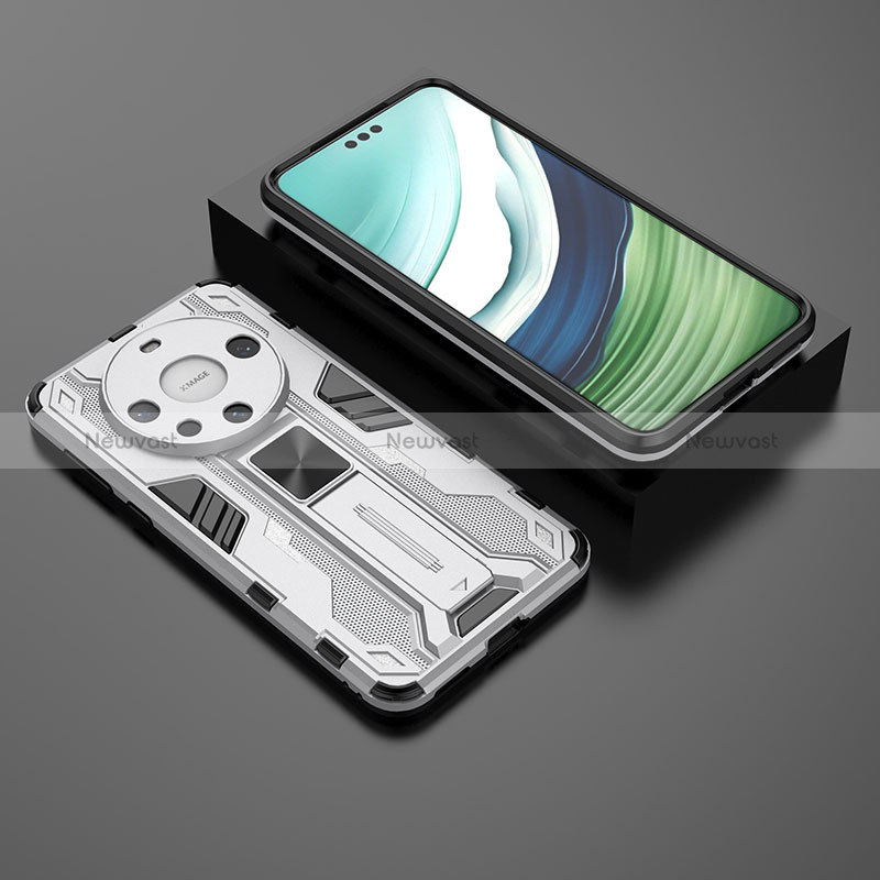 Silicone Matte Finish and Plastic Back Cover Case with Magnetic Stand KC1 for Huawei Mate 60 Pro+ Plus Silver