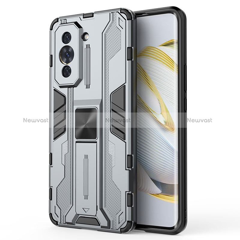 Silicone Matte Finish and Plastic Back Cover Case with Magnetic Stand KC1 for Huawei Nova 10 Pro Gray