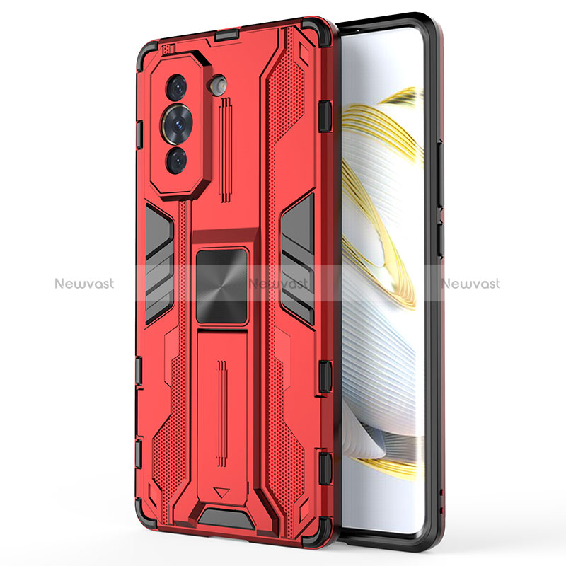 Silicone Matte Finish and Plastic Back Cover Case with Magnetic Stand KC1 for Huawei Nova 10 Red